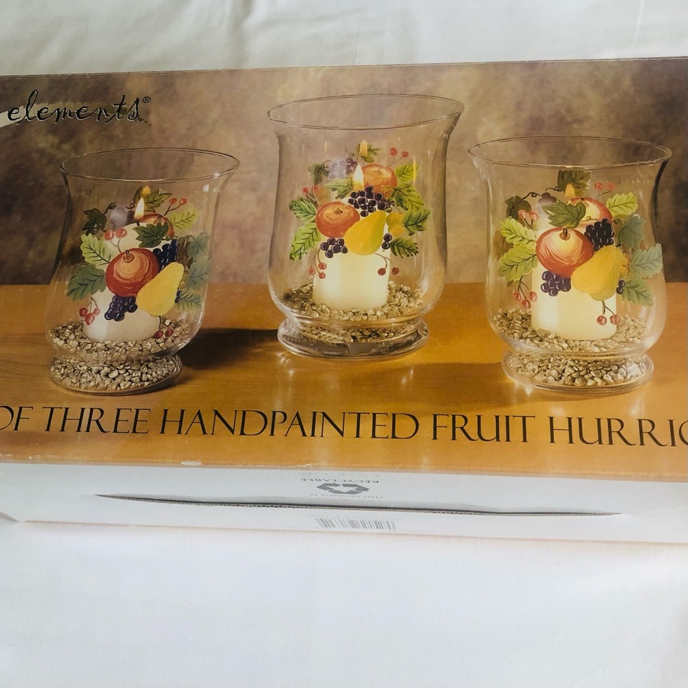 Brand New Thanksgiving Fall Elements Set of Three Hand painted Fruit Hurricanes